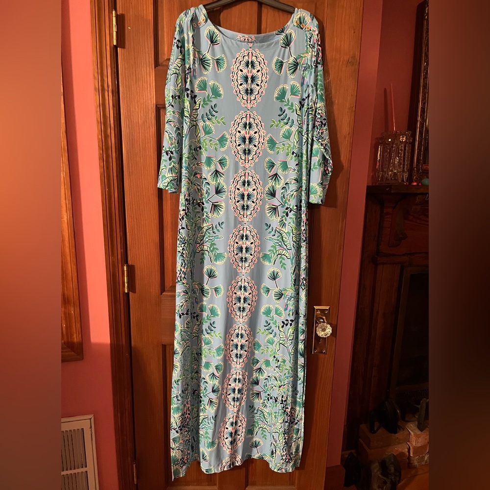 Lilly Pulitzer Seralina Maxi Dress UPF Frenchie Blue Mosaic Shells long sleeve
